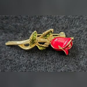 Vintage Rose Brooch - Gold with Red and Green Enamel